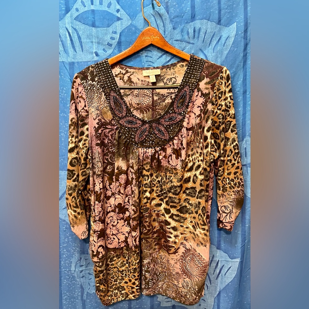 Dressbarn Brown and Black Embellished Blouse